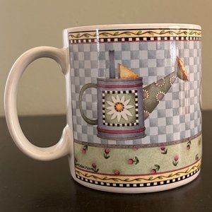 Vtg Sakura WATERING CAN Folk Art Stoneware Coffee Mug Debbie Mumm Floral Garden